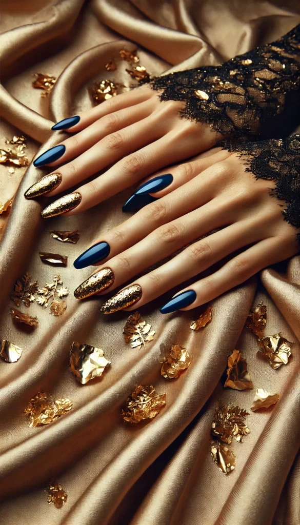 11. Dark Blue Nails with Gold Foil 11. Dark Blue Nails with Gold Foil