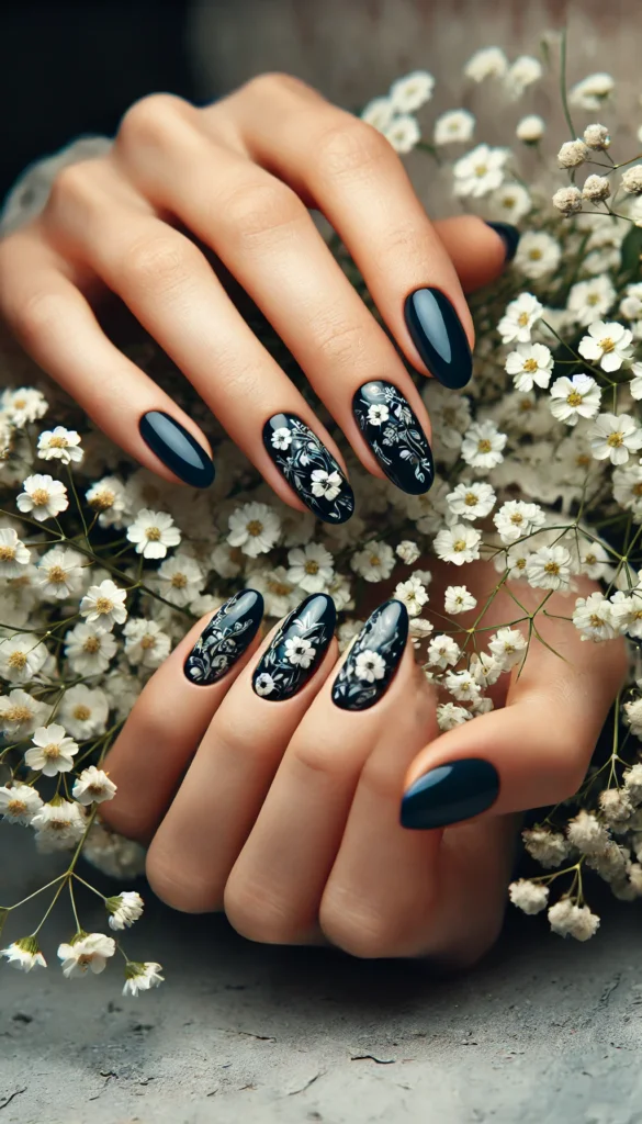 8. Floral Patterns on Dark Blue Nails 8. Floral Patterns on Dark Blue Nails