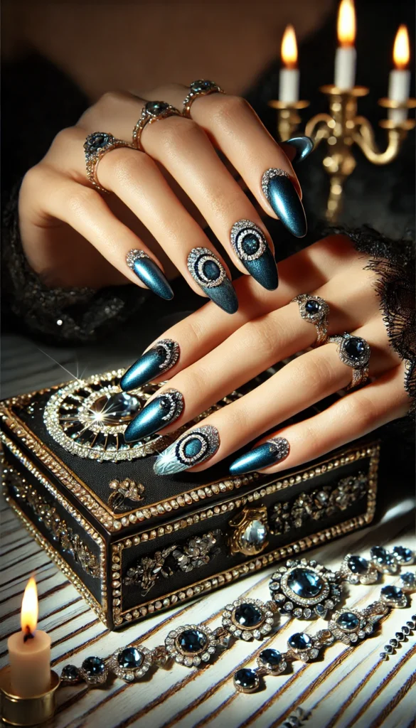 9. Dark Blue Nails with Rhinestones 9. Dark Blue Nails with Rhinestones