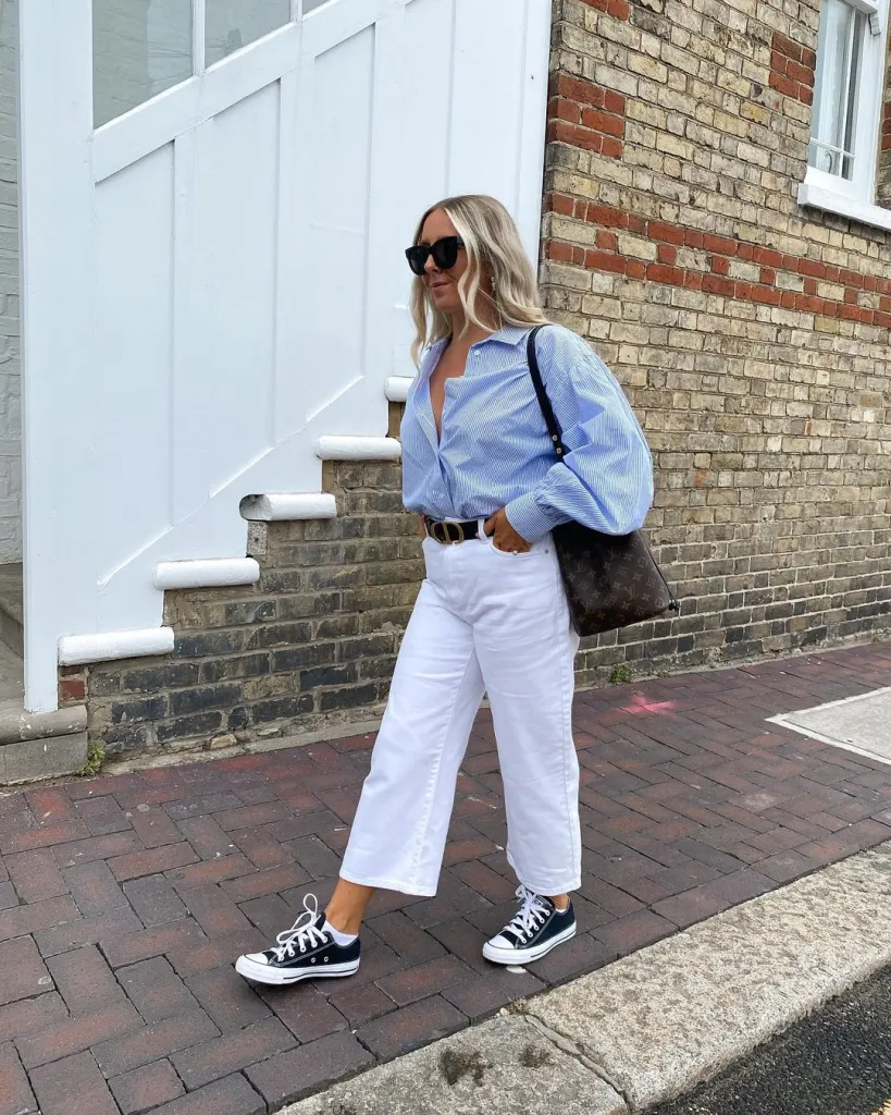 White Jeans Outfit Ideas for a Stylish Look 11 BLUE BUTTON UP AND WHITE JEANS