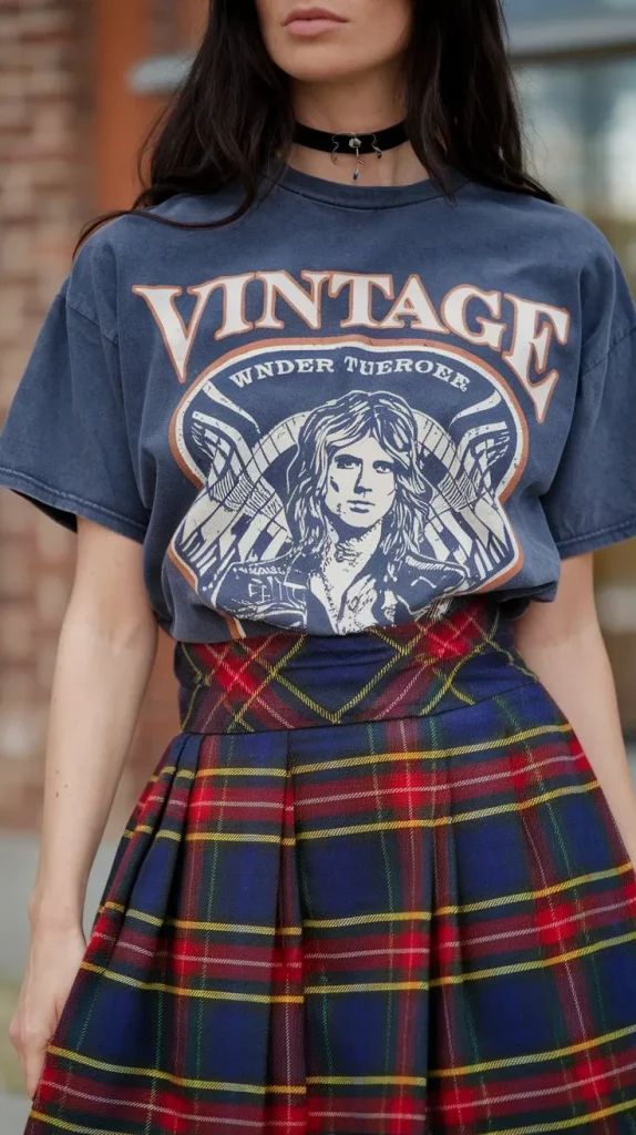 Grunge Outfit Ideas for a Bold and Edgy Look 5 Band Tee and Plaid Skirt
