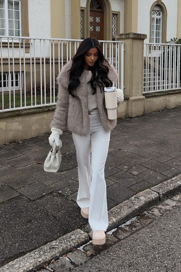 White Pants Outfit Ideas to Elevate Your Style 12 Beige Faux Fur Coat and White Pants