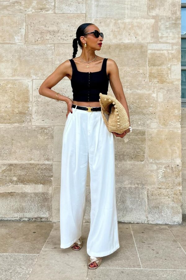White Pants Outfit Ideas to Elevate Your Style 4 Black Crop Top and White Pants