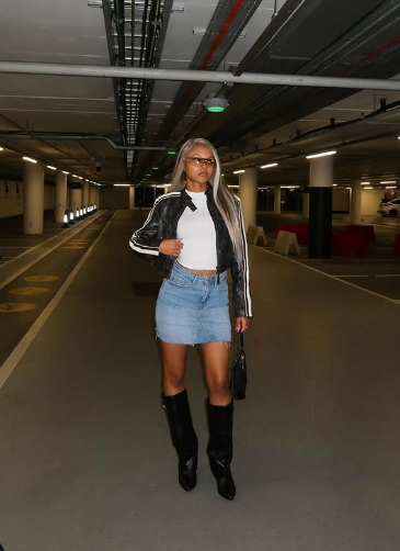 Stylish Jean Skirt Outfits for a Trendy Look 10 Black Jacket, Mini Jean Skirt and Black Knee Length Boots