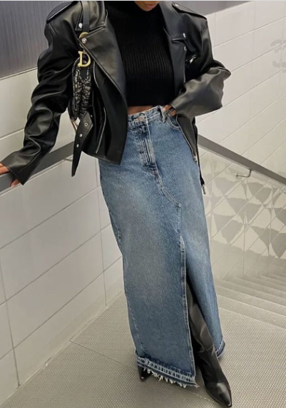 Stylish Jean Skirt Outfits for a Trendy Look 13 Black Leather Jacket, Jean Skirt and Black Knee Boots