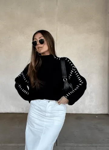 Stylish Jean Skirt Outfits for a Trendy Look 7 Black Long Sleeve, White Jean Skirt and Boots
