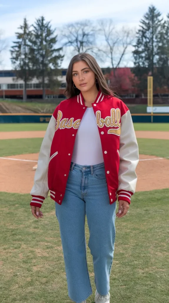 Stylish Baseball Game Outfits to Look Amazing at the Game 9 Bodysuit and Varsity Jacket