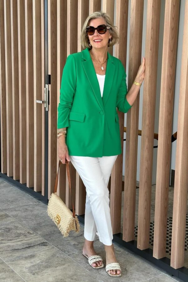 White Pants Outfit Ideas to Elevate Your Style 14 Bright Green Blazer and White Pants