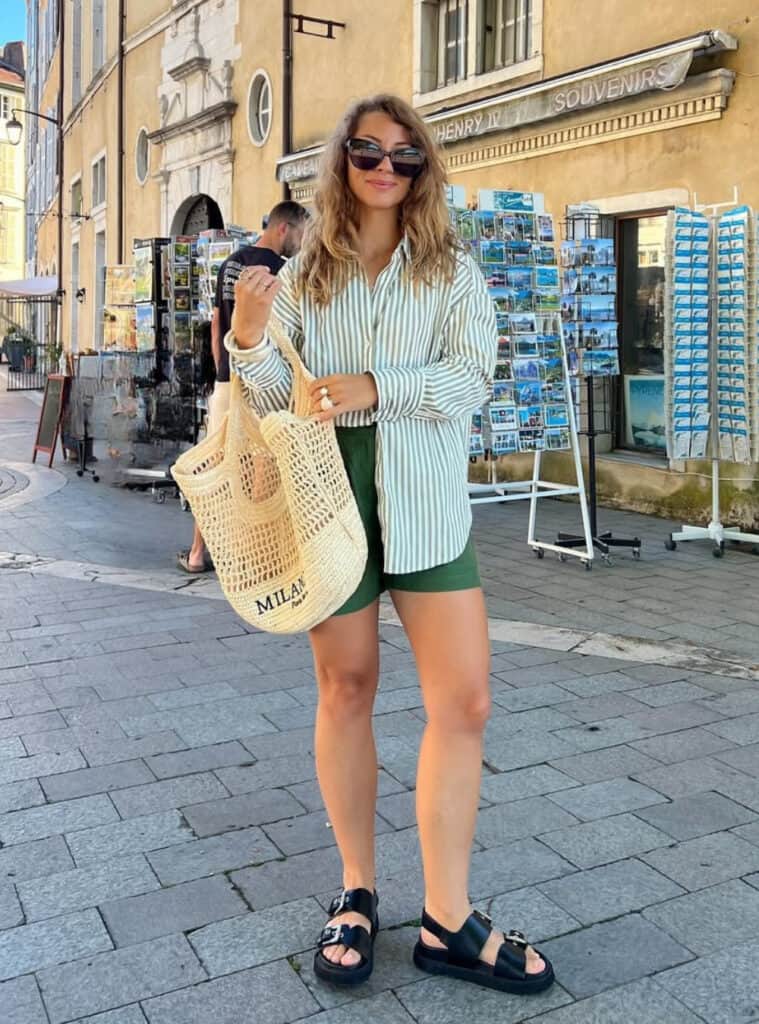 Chic France Outfits for Effortless Style 13 Button Up Shirt Shorts Sandals