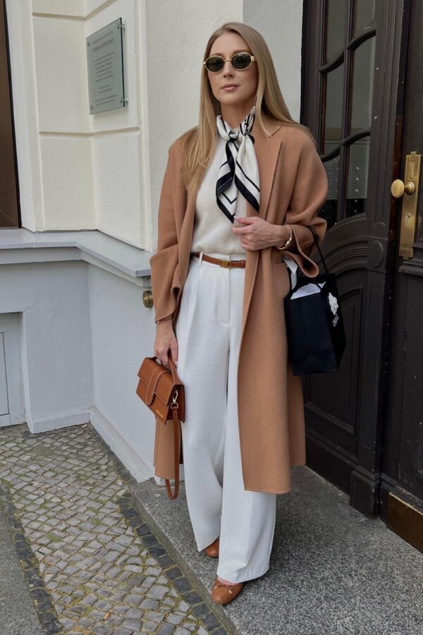 White Pants Outfit Ideas to Elevate Your Style 11 Camel Coat and White Ensemble