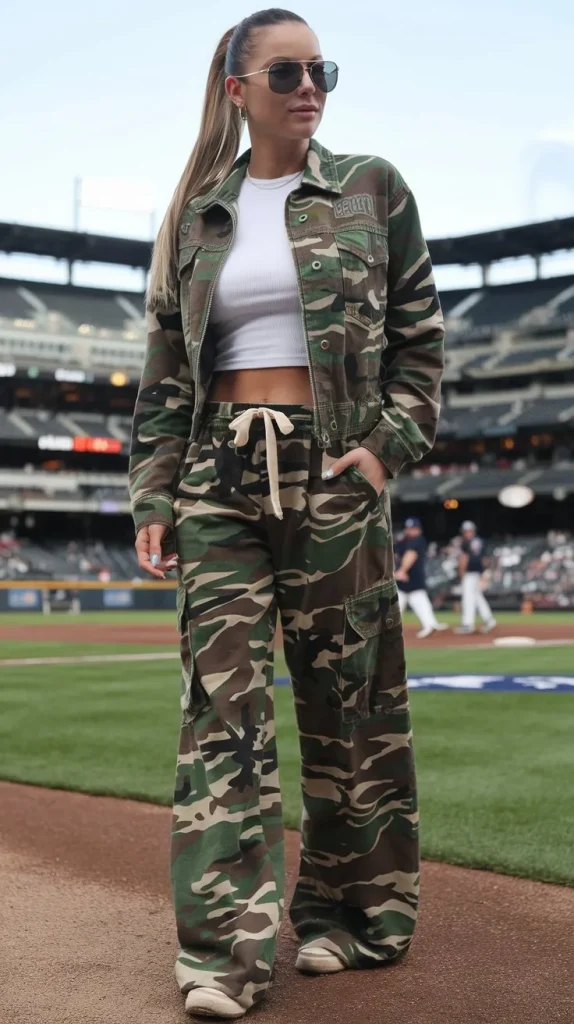 Stylish Baseball Game Outfits to Look Amazing at the Game 3 Camo Pants and White Top