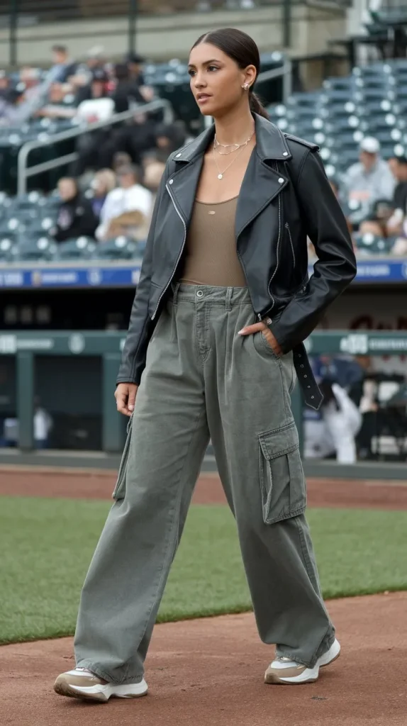 Stylish Baseball Game Outfits to Look Amazing at the Game 11 Cargo Pants and Moto Jacket