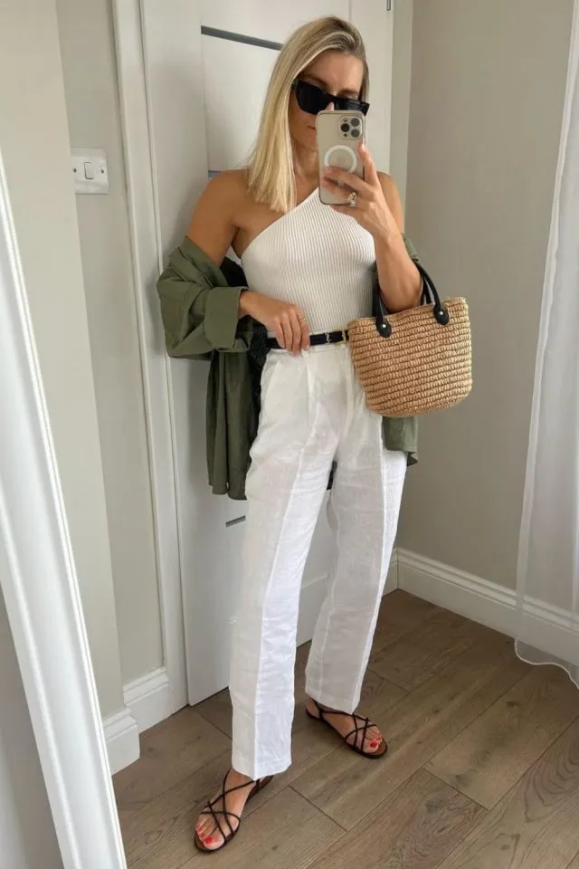 Stylish Linen Trousers Outfit Ideas for Effortless Looks 1 Casual and Chic in a One-Shoulder Top