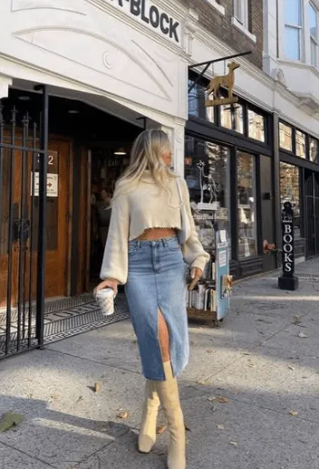 Stylish Jean Skirt Outfits for a Trendy Look 5 Cropped Long Sleeve, Jean Skirt and Beige Boots