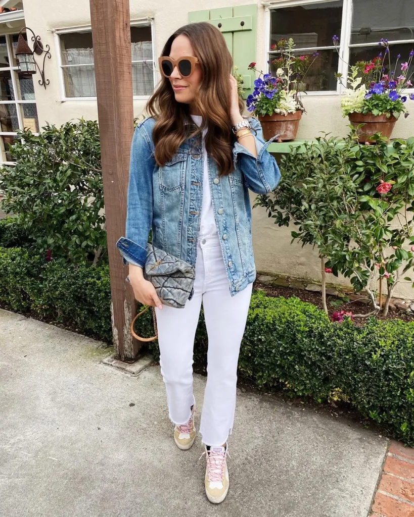 White Jeans Outfit Ideas for a Stylish Look 13 DENIM JACKET AND WHITE JEANS