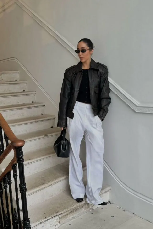 Stylish Linen Trousers Outfit Ideas for Effortless Looks 3 Edgy Vibes with a Leather Jacket