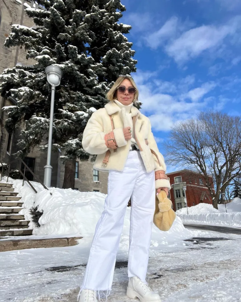 White Jeans Outfit Ideas for a Stylish Look 9 FUZZY COAT AND WHITE JEANS