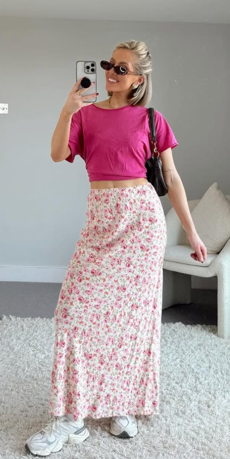 Trendy Summer Outfit Ideas Moms Will Love for Any Occasion 9 French-Tucked Tee + Floral Maxi Cotton Skirt