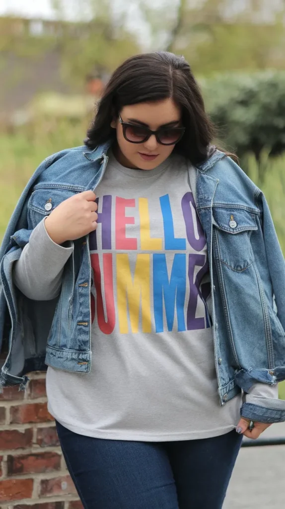 Plus Size Summer Outfits for Women to Slay in the Sunshine 5 Graphic Tee & Denim Jacket