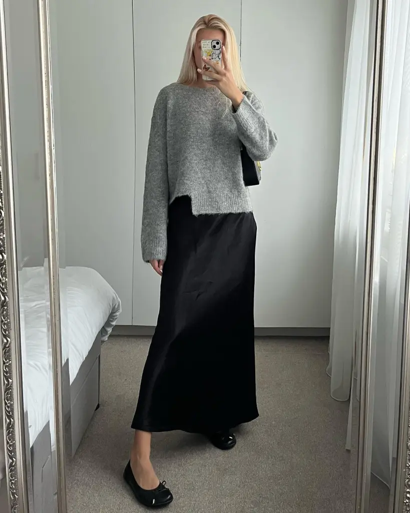 Black Maxi Skirt Outfit Ideas for a Stylish Look 11 Gray Sweater Satin Skirt and Flat Shoes