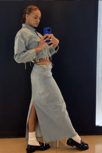 Stylish Jean Skirt Outfits for a Trendy Look 2 Jean Jacket, Jean Skirt, and Loafers