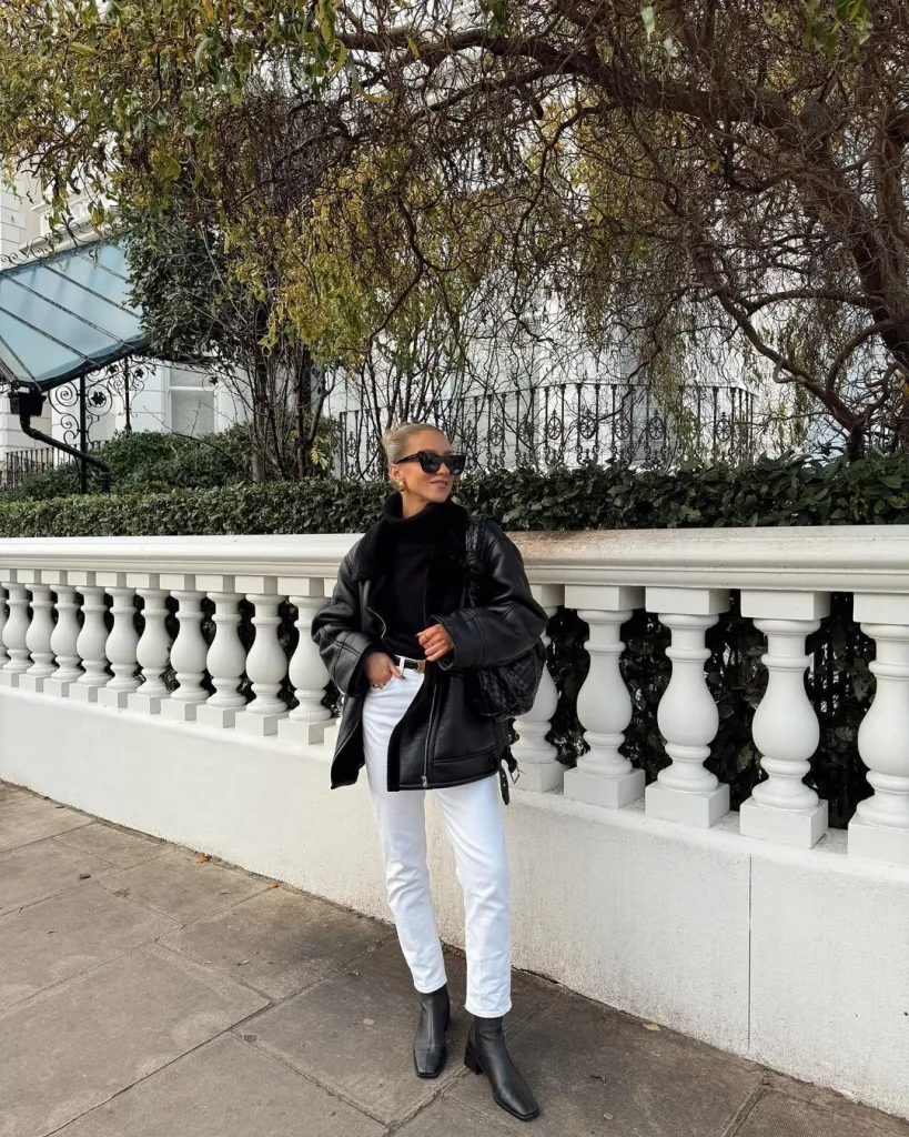 White Jeans Outfit Ideas for a Stylish Look 4 LEATHER JACKET AND WHITE JEANS