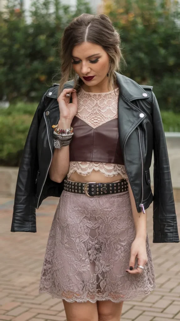 Grunge Outfit Ideas for a Bold and Edgy Look 3 Leather and Lace Contrast