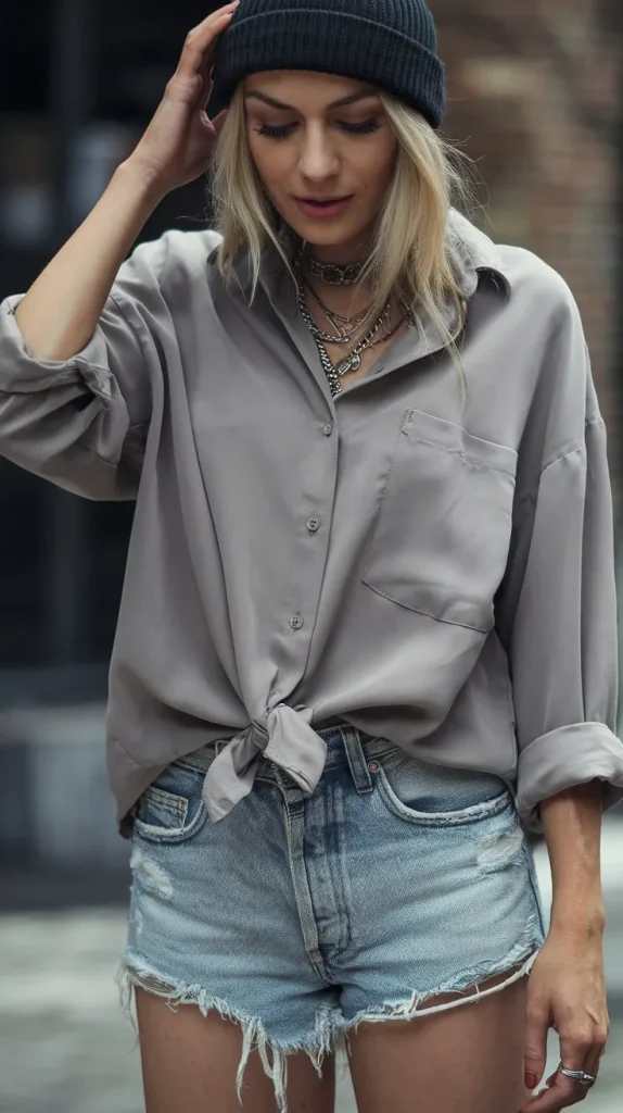 Grunge Outfit Ideas for a Bold and Edgy Look 12 Oversized Button-Up and Shorts