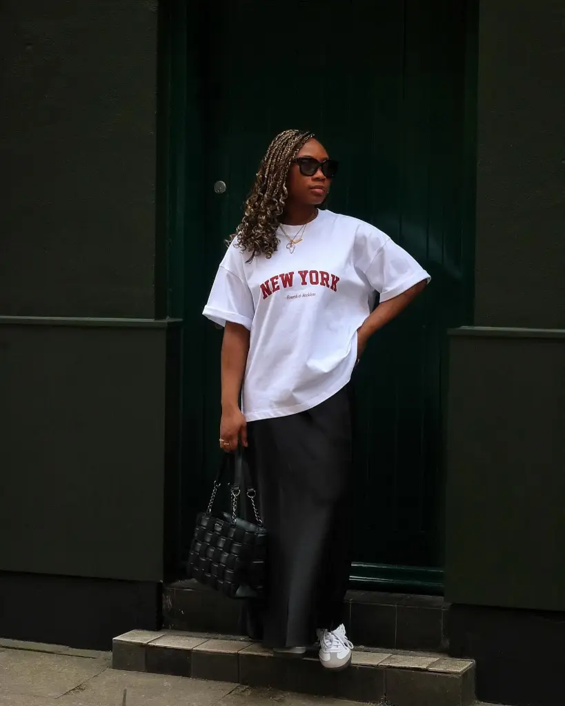 Stylish Black Skirt Outfit Ideas for Every Occasion 1 Oversized White Shirt Satin Black Skirt and Adidas Samba