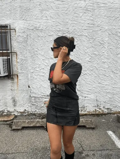 Stylish Jean Skirt Outfits for a Trendy Look 6 Oversized shirt, Mini Jean Skirt and Black Boots