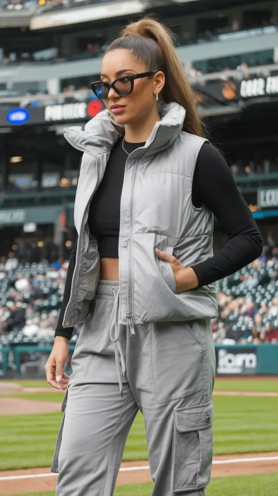 Stylish Baseball Game Outfits to Look Amazing at the Game 8 Puffer Vest and Cargo Pants