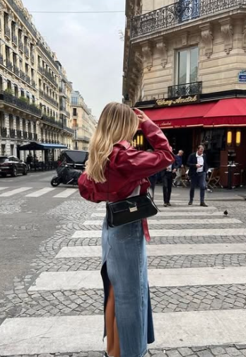 Stylish Jean Skirt Outfits for a Trendy Look 4 Red Leather Jacket, Jean Skirt and Adidas Samba