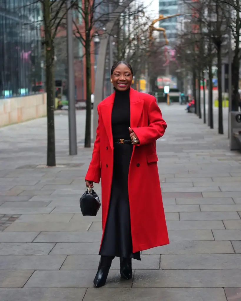 Black Maxi Skirt Outfit Ideas for a Stylish Look 7 Red Long Coat, Turtleneck, and Black Maxi Skirt