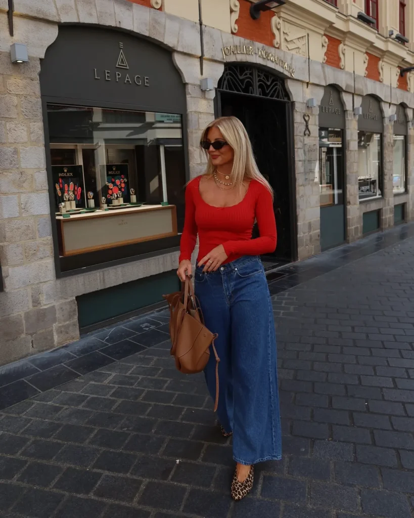 Italian Outfits Style Guide for a Chic and Elegant Look 7 Red Long Sleeve Top, Mom Jeans, and Leopard Heels