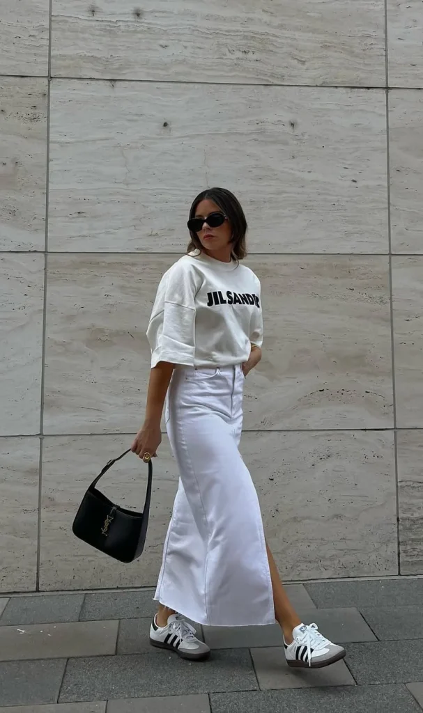 White Maxi Skirt Outfit Ideas for a Chic Look 2 Sporty Luxe Minimalism