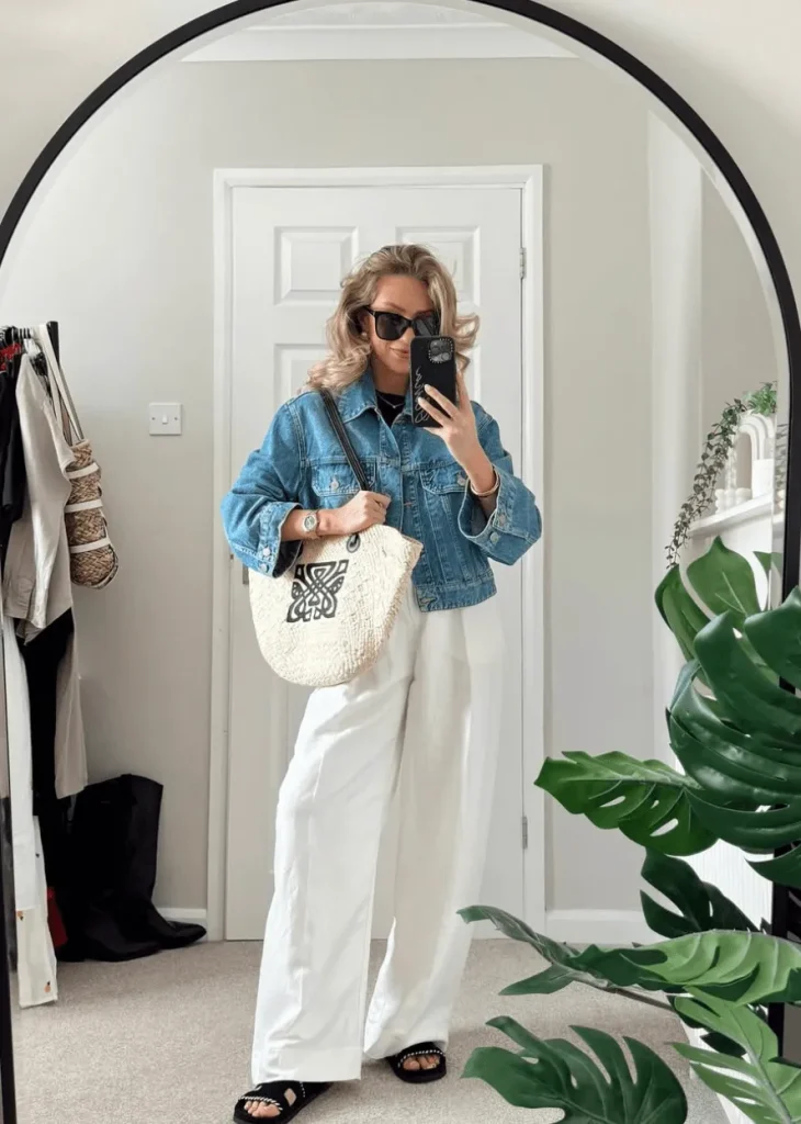 Trendy Summer Outfit Ideas Moms Will Love for Any Occasion 4 Statement Denim Jacket White Linen Pants