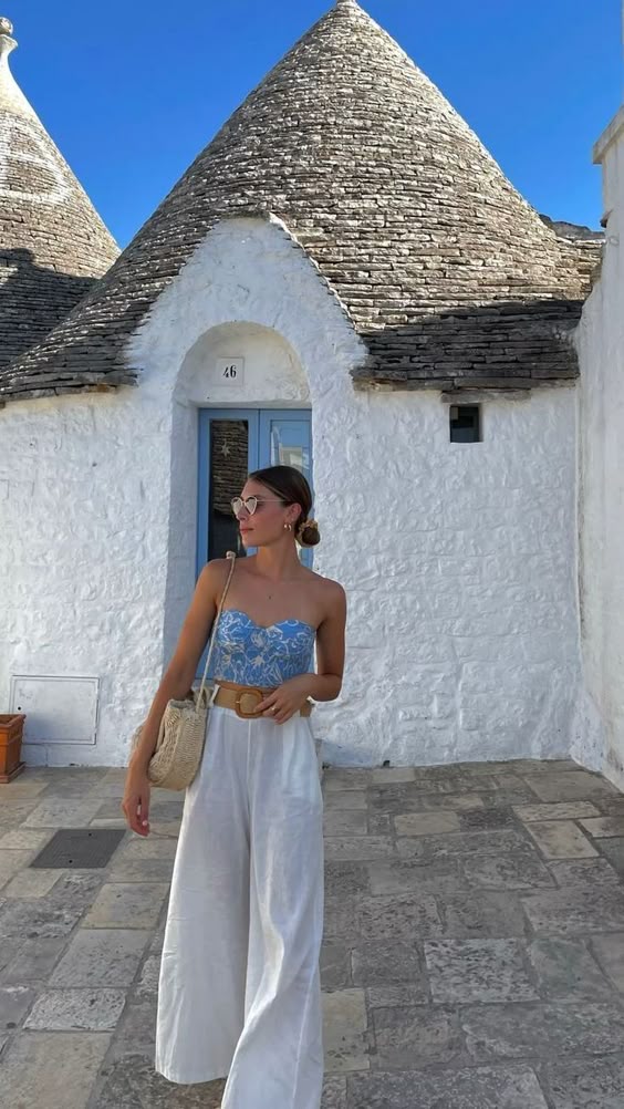 Stunning Cancun Mexico Outfits for a Stylish Vacation 3 Summer Blue Tube Top with White Linen Pants