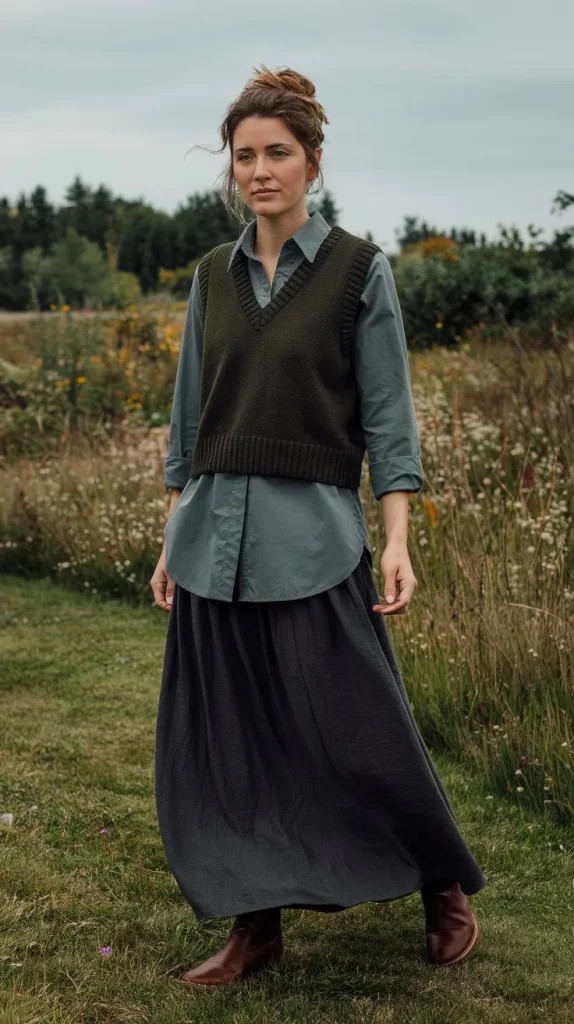 Grunge Outfit Ideas for a Bold and Edgy Look 14 Sweater Vest and Maxi Skirt
