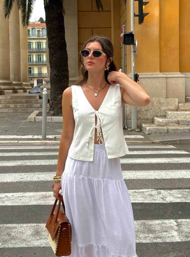 Chic France Outfits for Effortless Style 3 Top Vest Maxi Skirt