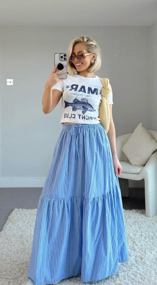 Trendy Summer Outfit Ideas Moms Will Love for Any Occasion 8 White Crop Tee Maxi Flounced Blue Skirt