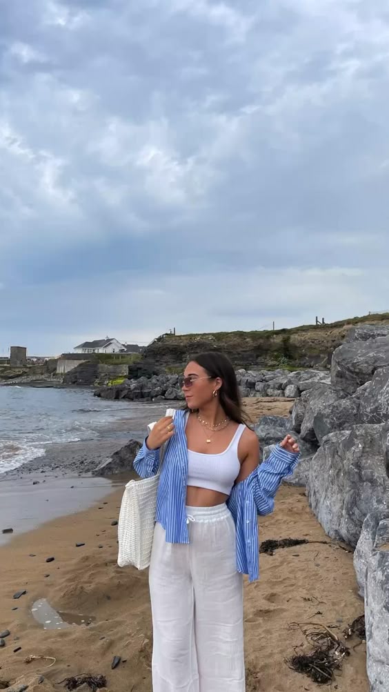 Stunning Cancun Mexico Outfits for a Stylish Vacation 8 White Linen Pants with Blue Button Down Shirt