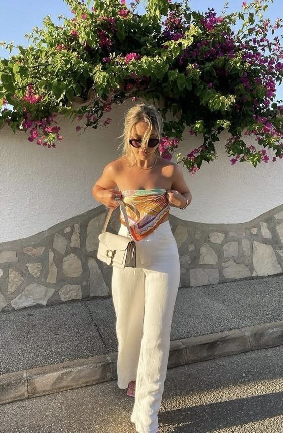 Stunning Cancun Mexico Outfits for a Stylish Vacation 11 White Linen Pants with Colorful Tube Top
