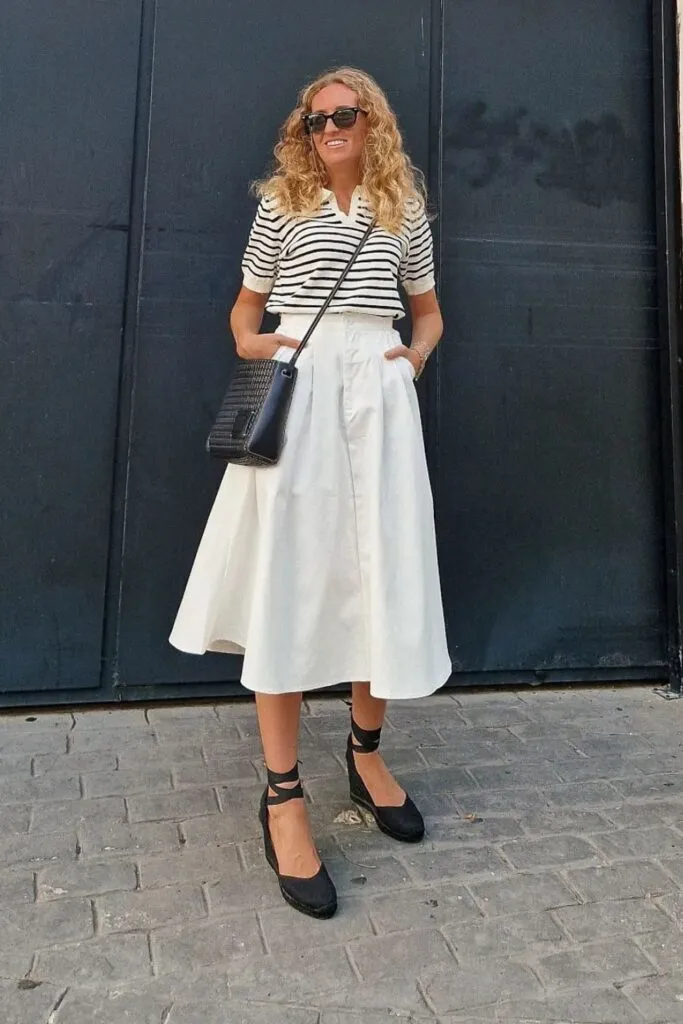 Chic White Skirt Outfit Ideas for Every Occasion 1 Flowy White Midi Skirt and Striped Top