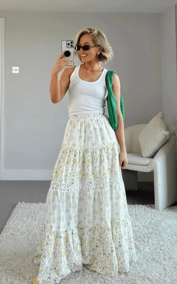 Trendy Summer Outfit Ideas Moms Will Love for Any Occasion 6 White Tank + Floral Chiffon Maxi Skirt + Statement Handbag