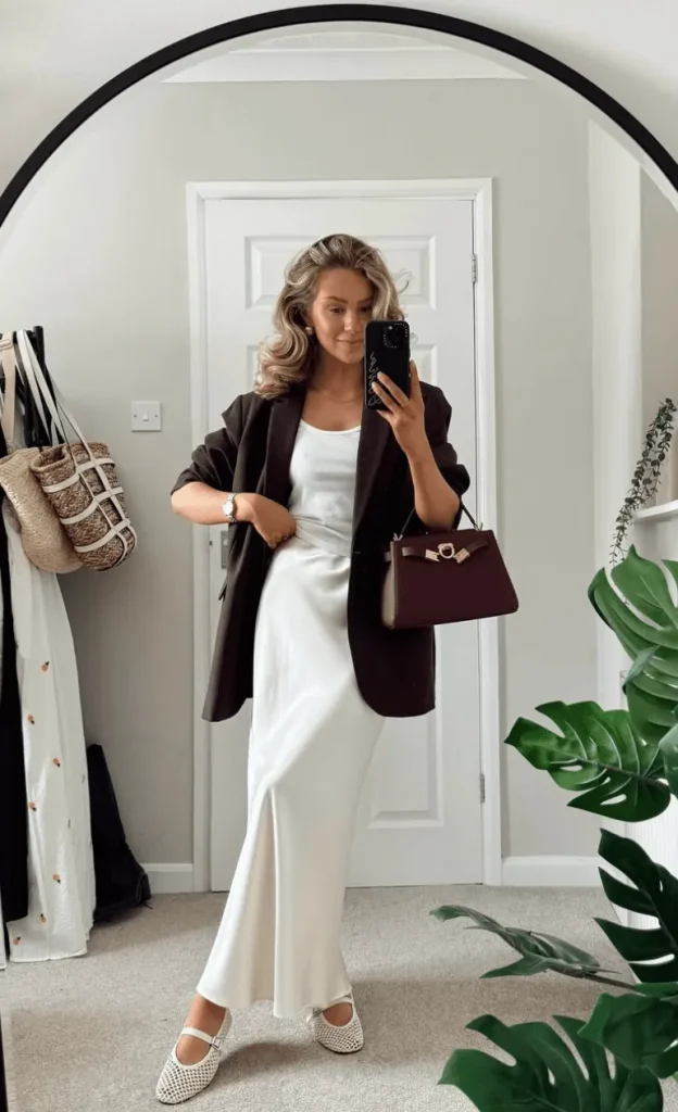 Trendy Summer Outfit Ideas Moms Will Love for Any Occasion 5 White Tee Matching Slip Skirt Oversized Blazer