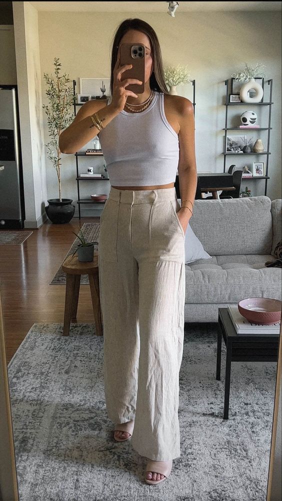 Stunning Cancun Mexico Outfits for a Stylish Vacation 5 White Top with Flowy Linen Pants