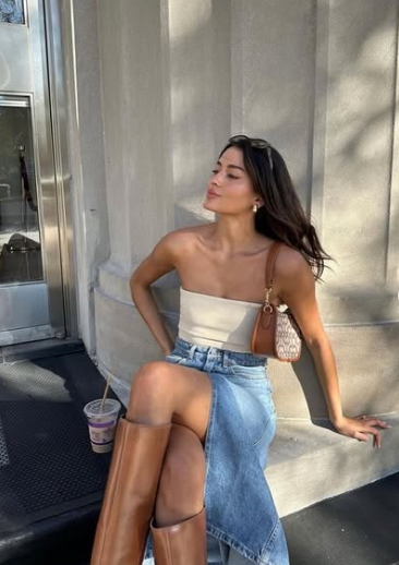 Stylish Jean Skirt Outfits for a Trendy Look 3 White Tube Top, Jean Skirt and Brown Knee Boots