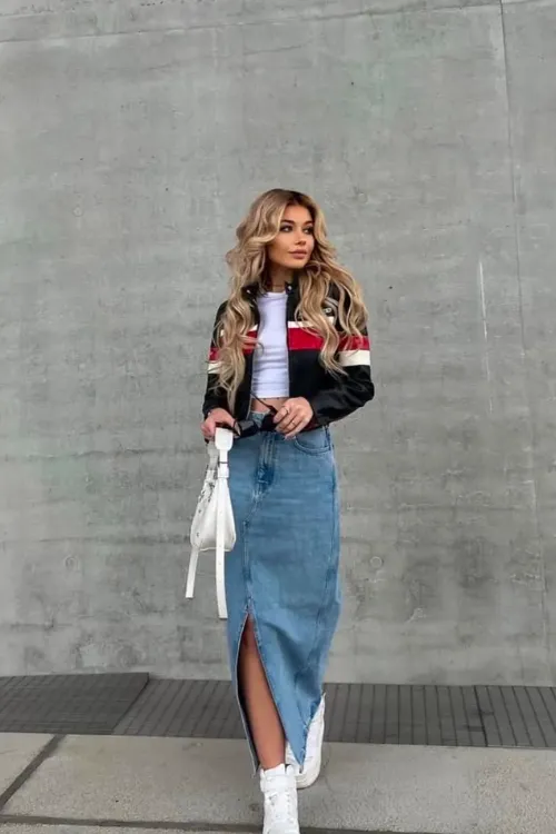 Denim Skirt Outfits That Elevate Your Style Effortlessly 3 biker jacket + crop tee + skirt