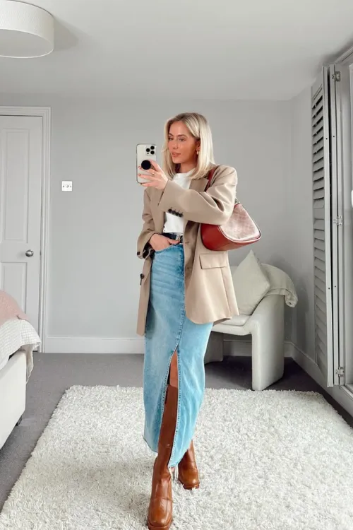 Denim Skirt Outfits That Elevate Your Style Effortlessly 11 blazer + basic tee + skirt