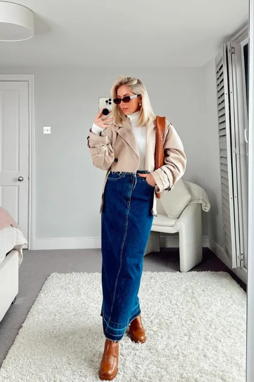 Denim Skirt Outfits That Elevate Your Style Effortlessly 5 crop jacket + turtleneck top + skirt
